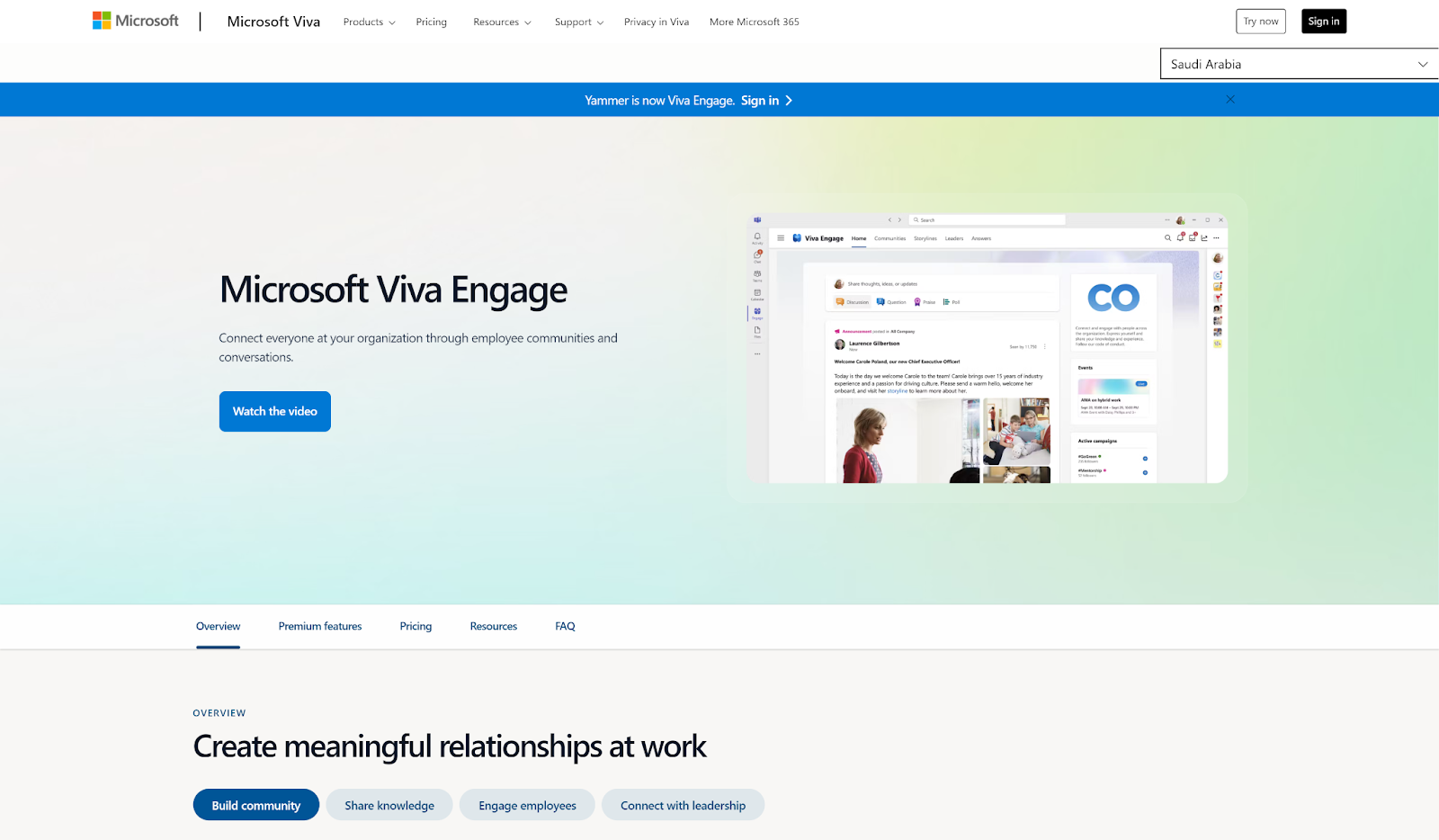 Viva Engage homepage showcasing features to connect employees through communities and conversations within Microsoft Teams.