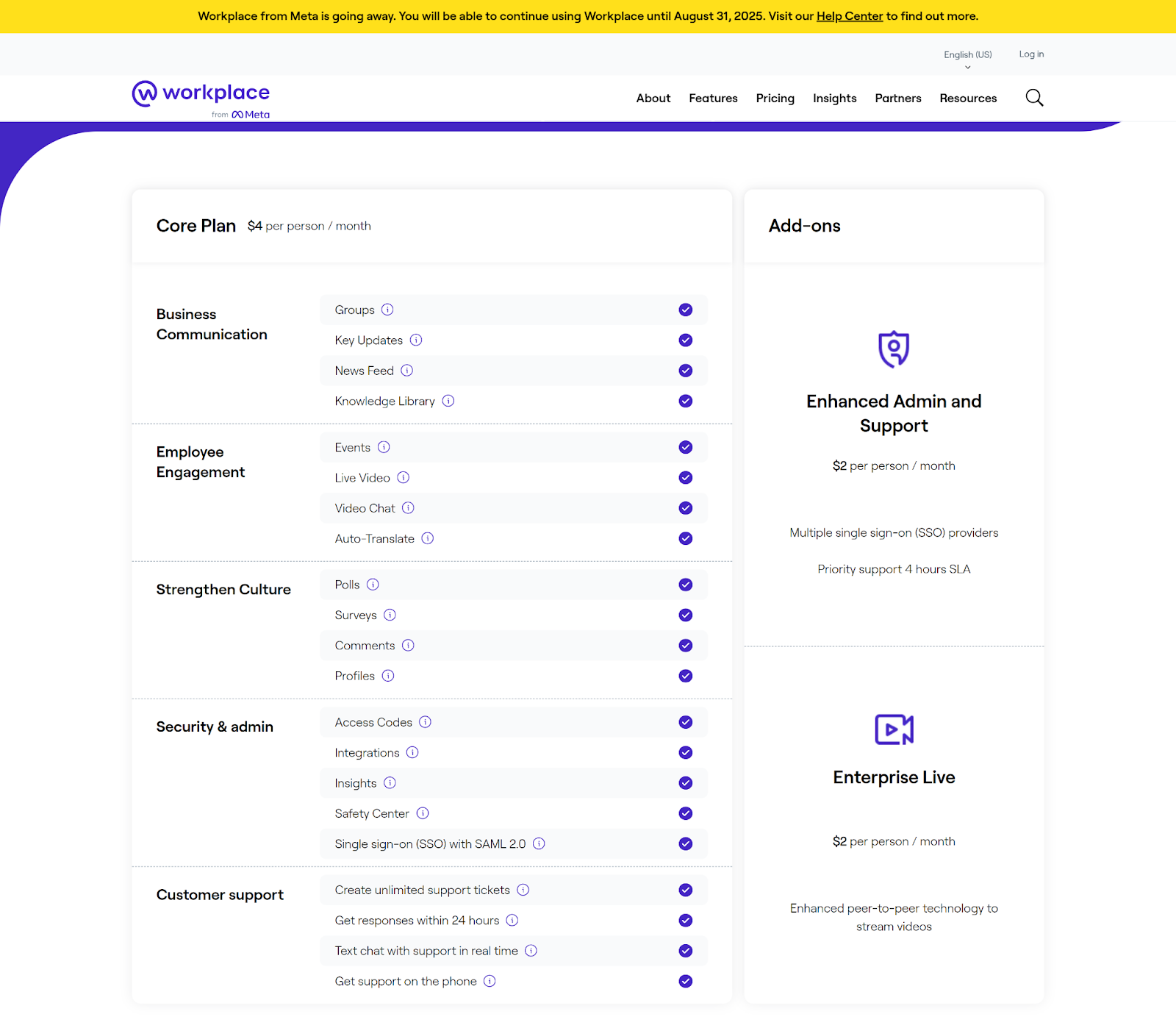 Workplace from Meta’s Core pricing plan with add-ons on the right.