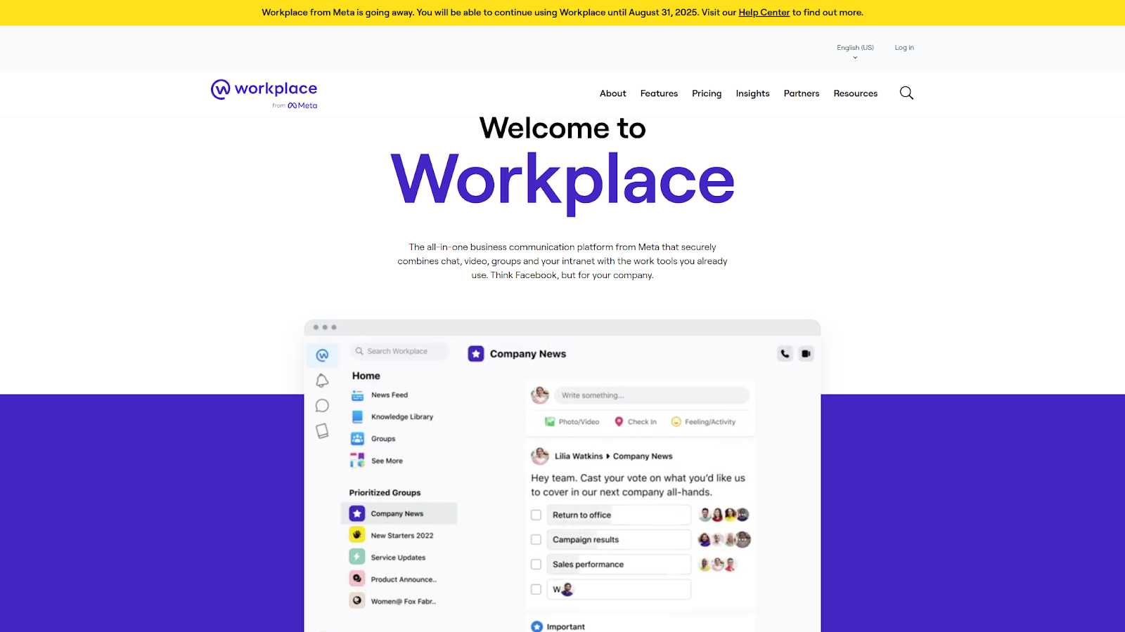 Screenshot of the Workplace by Meta homepage, featuring sections for the News Feed, Groups, and Knowledge Library.