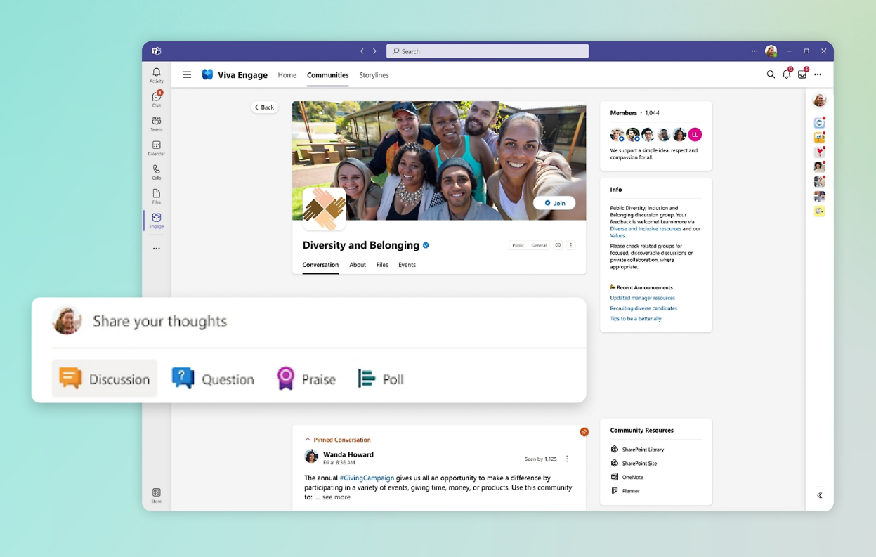 Screenshot of Viva Engage platform showing a community group focused on Diversity and Belonging, with options for discussion, asking questions, giving praise, and participating in polls.