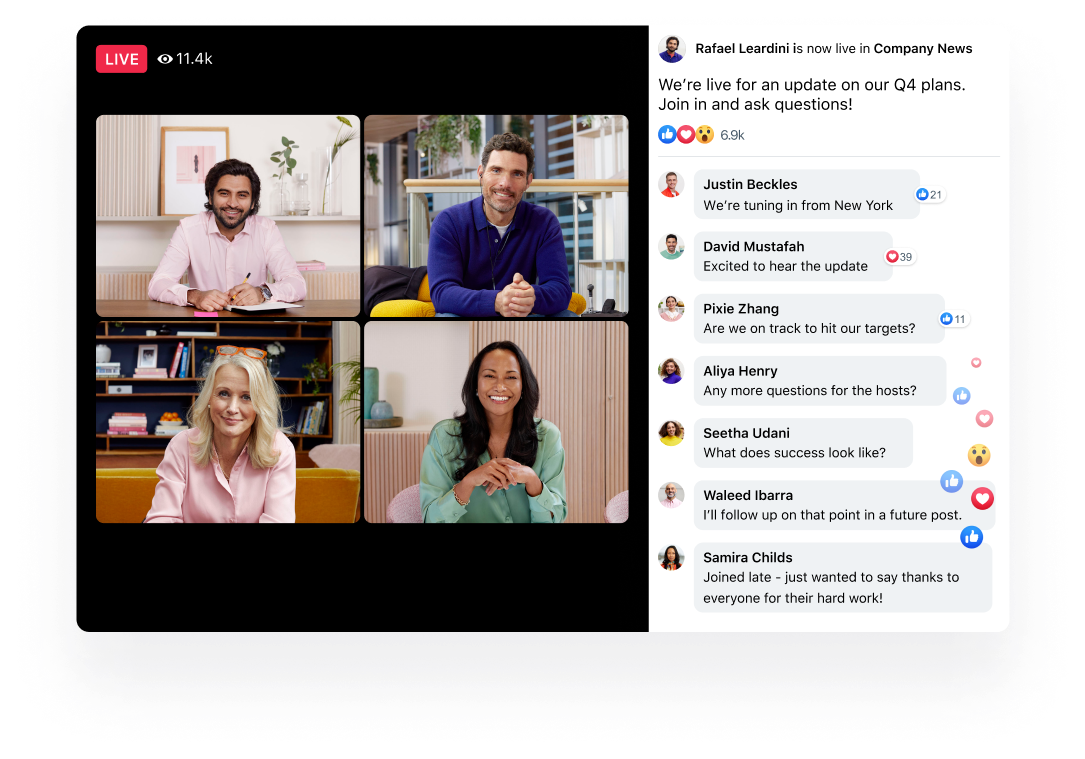 Screenshot of a live video session on Workplace featuring 4 professionals. The sidebar shows viewer comments and reactions.