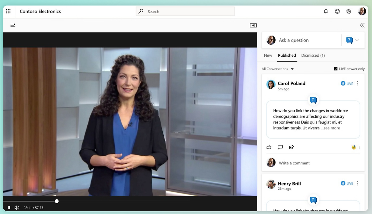 Screenshot of a virtual event in Viva Engage featuring a speaker on video with a sidebar showing live questions and comments from participants.