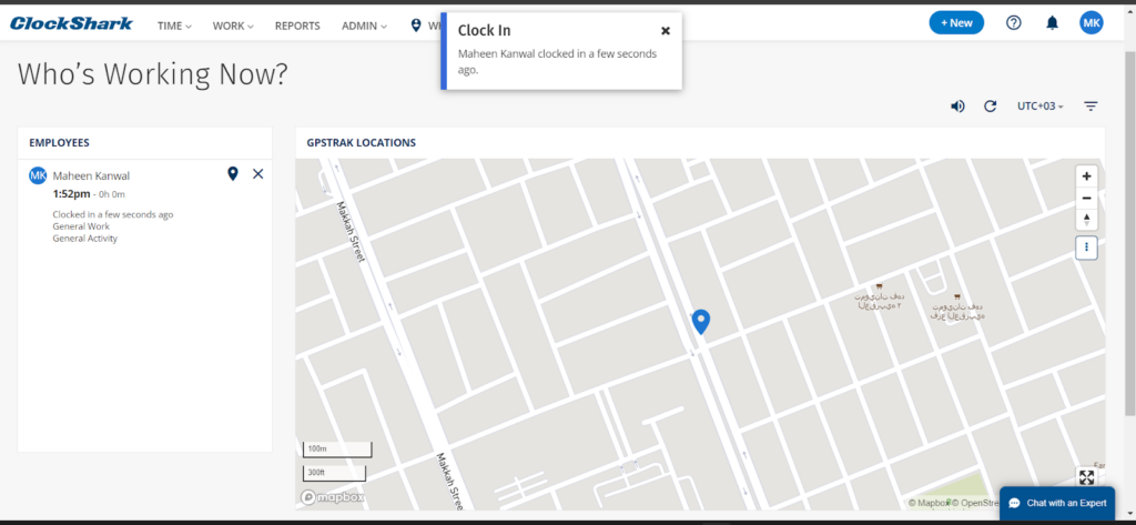 ClockShark ‘who’s working now’ tab showing employees clocked in location