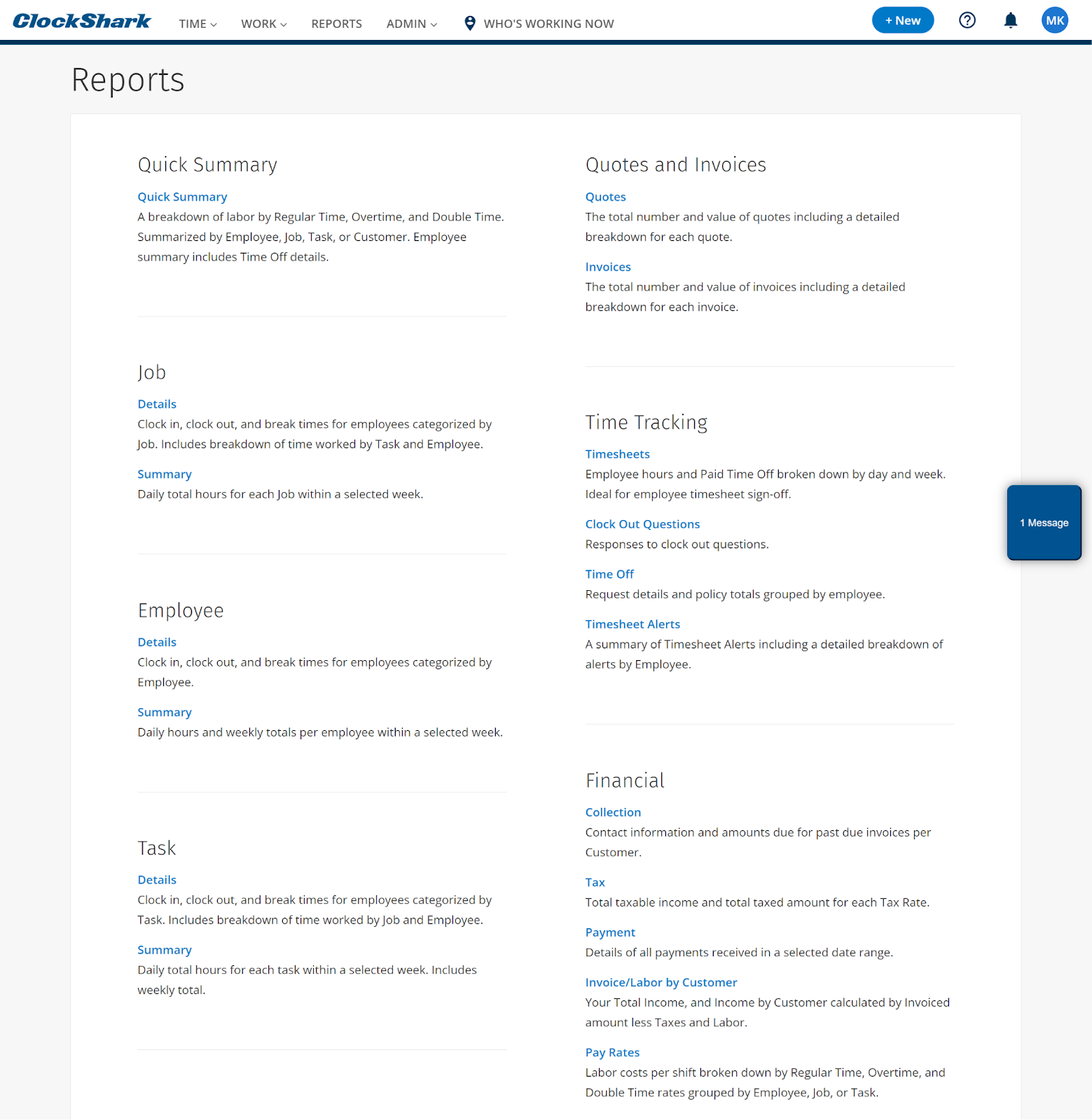 ClockShark’s reports include quick summaries, job details, tasks, employee hours, timesheets, quotes and invoices, and financial reports.