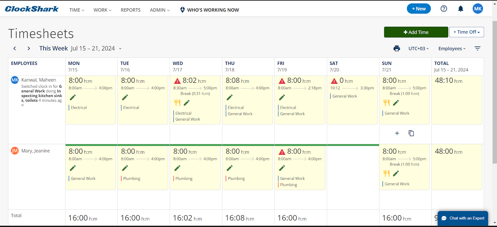 Screenshot of ClockShark ‘timesheet’ tab showing weekly view of employees