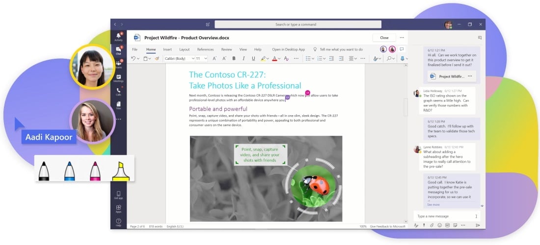 Screenshot showing Microsoft Teams' collaboration feature with a document open in an editing window and users’ comments on the right.