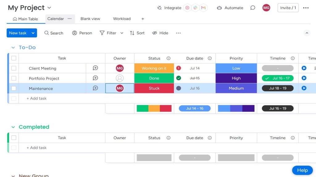 A project table showing tasks with their status, due date, and priority.