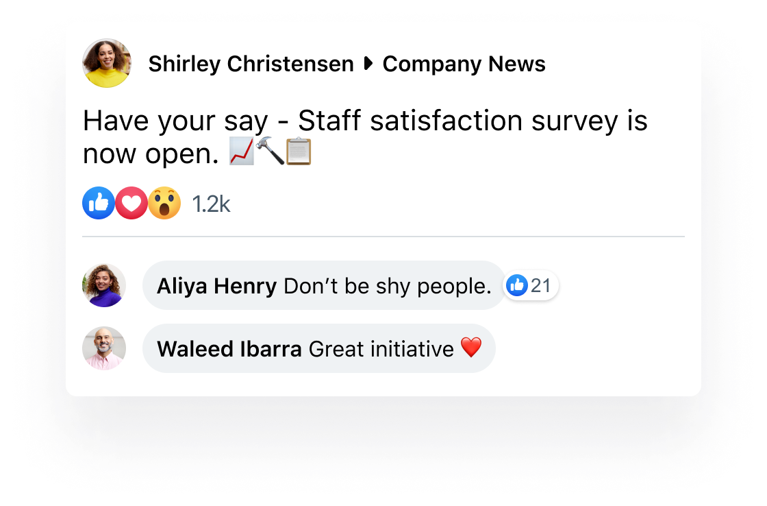 Screenshot from Workplace by Meta showing a company news post about a staff satisfaction survey, with reactions and comments from colleagues.