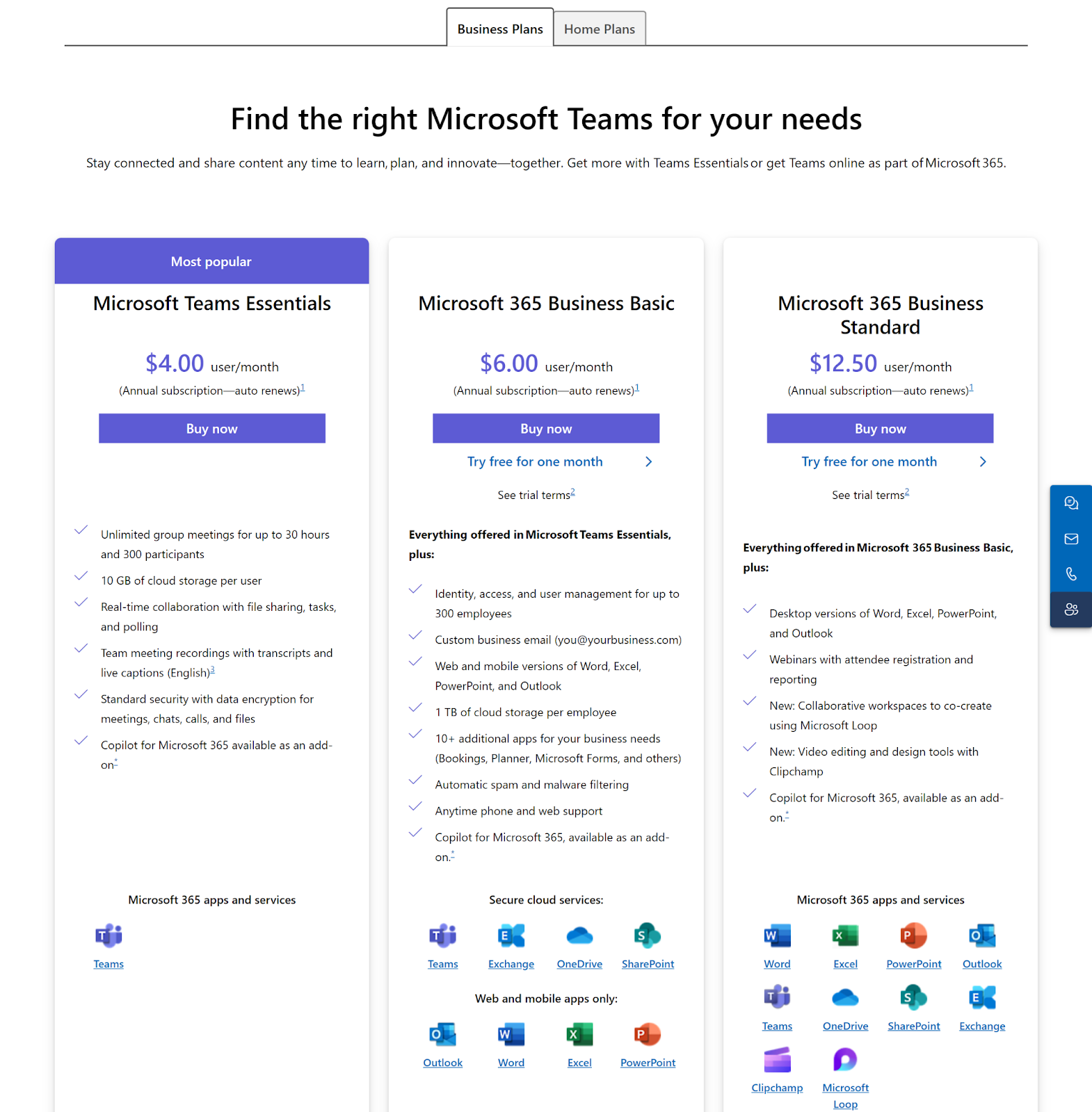 Microsoft Teams pricing page showing 3 pricing plans.