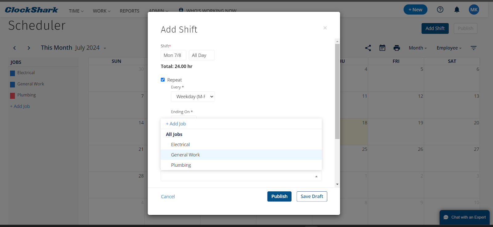 ClockShark’s Add Shift feature, with options to define shift duration and jobs