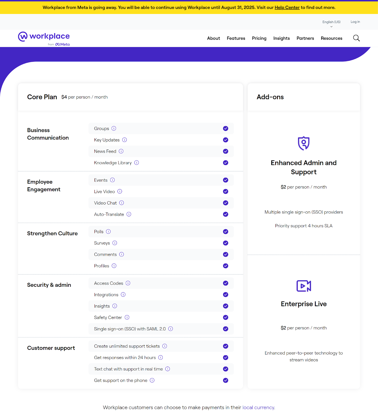 Workplace from Meta pricing plans with different features