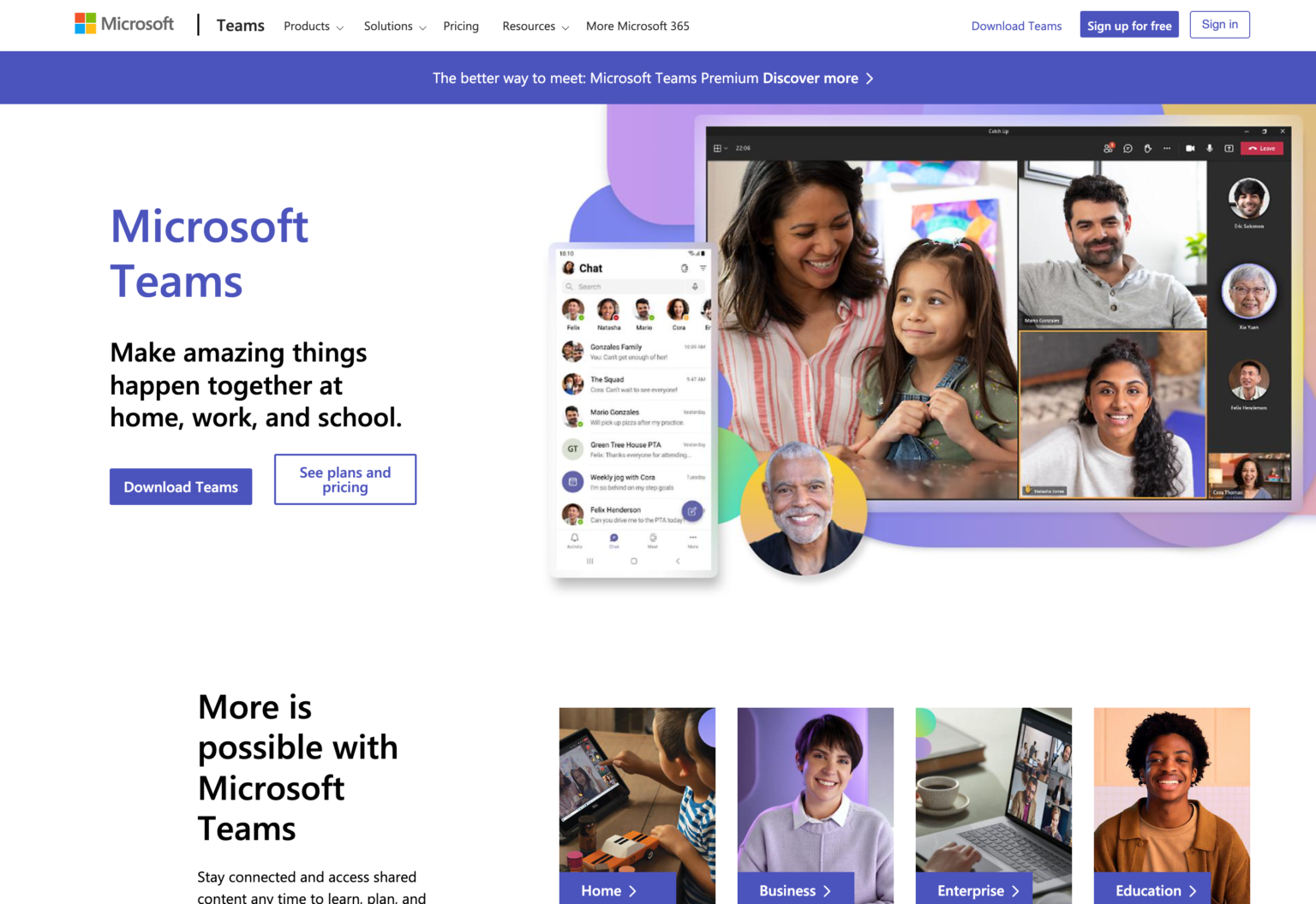 Microsoft Teams homepage highlighting its versatility for use at home, work, and school.