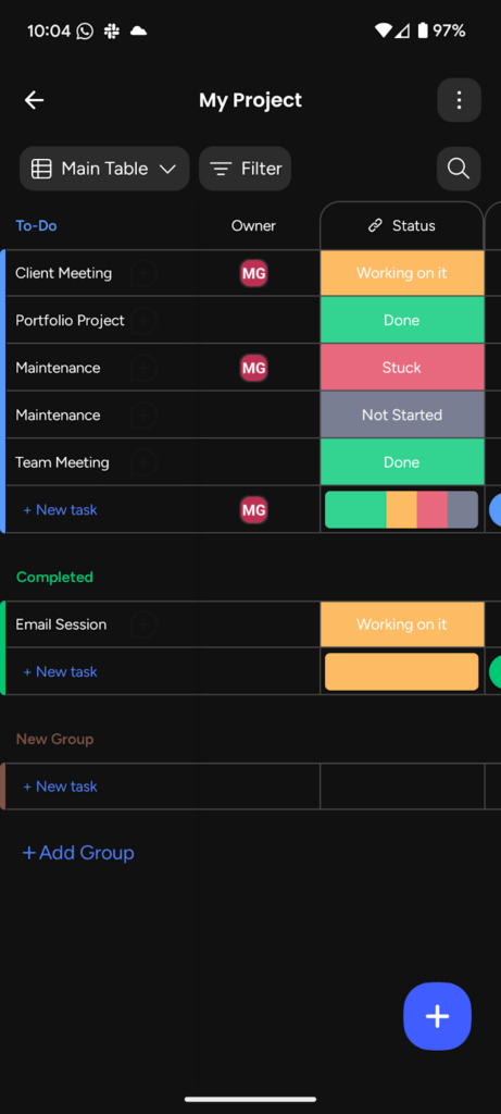 Monday.com mobile app showing a project board