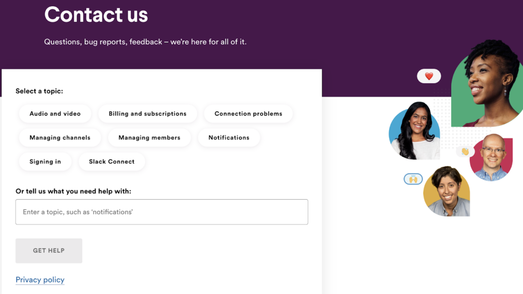 Slack's contact us information