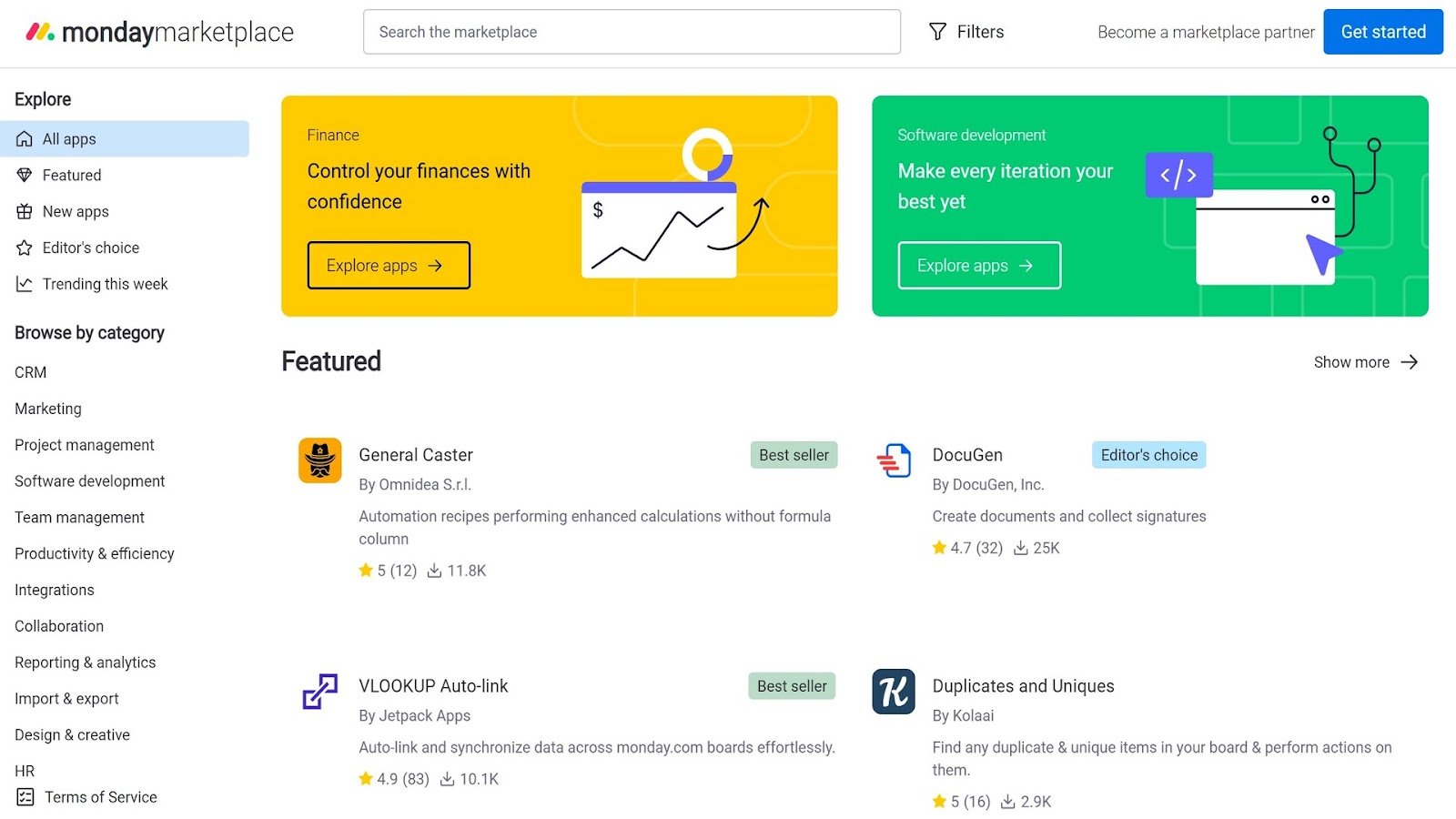 The Monday Marketplace showing featured integrations