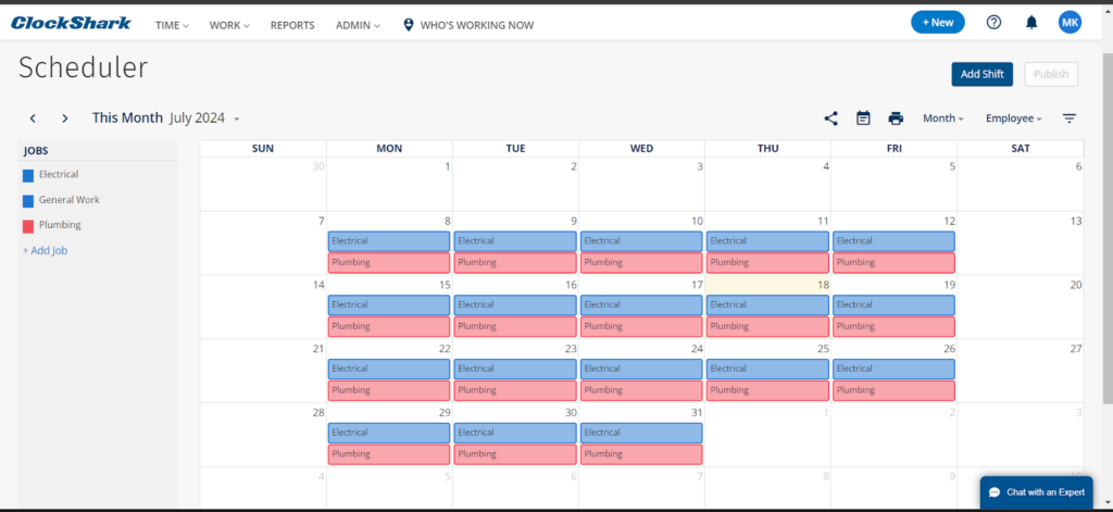 A screenshot of the ClockShark Scheduler in a monthly view.