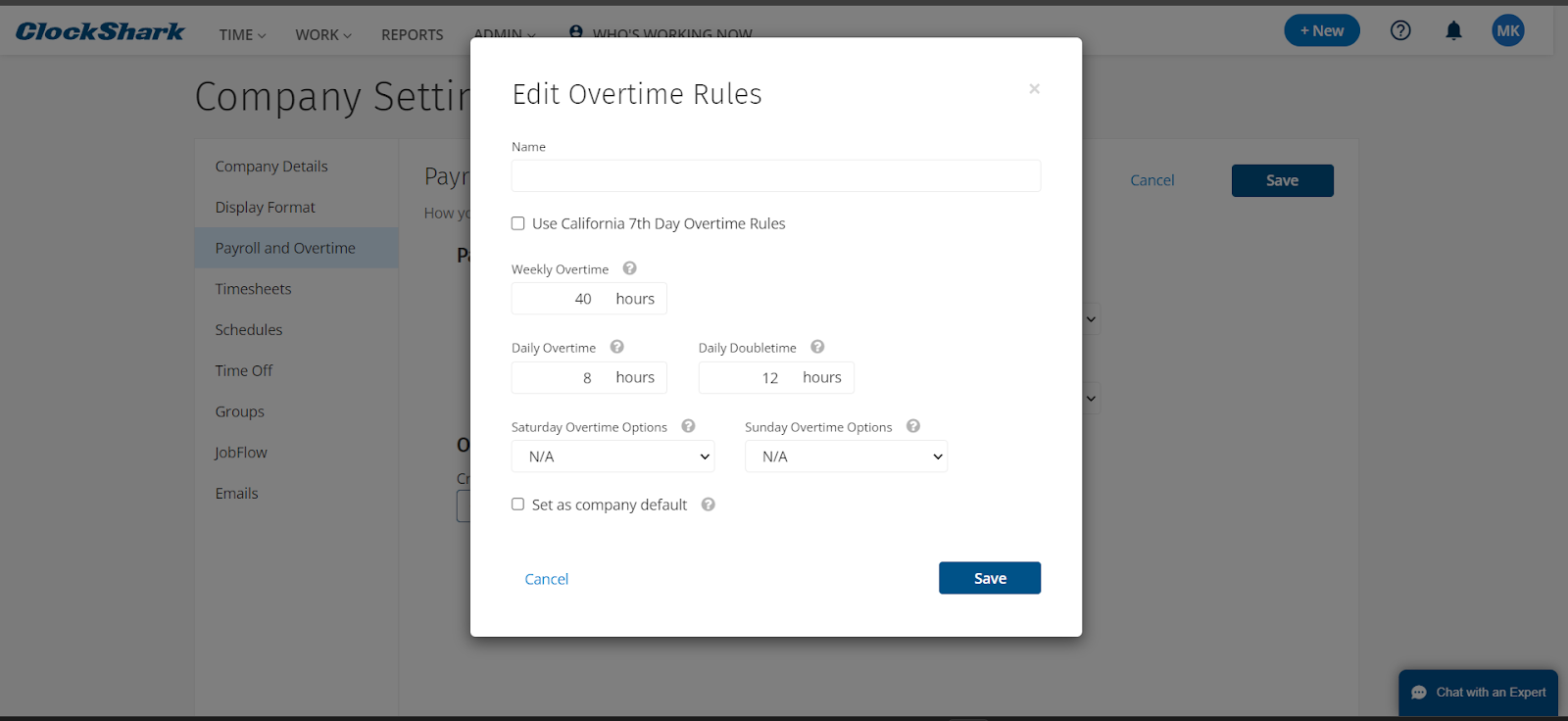 ClockSharks Edit Overtime Rules box, showing options such as weekly or daily overtime or double time rules.