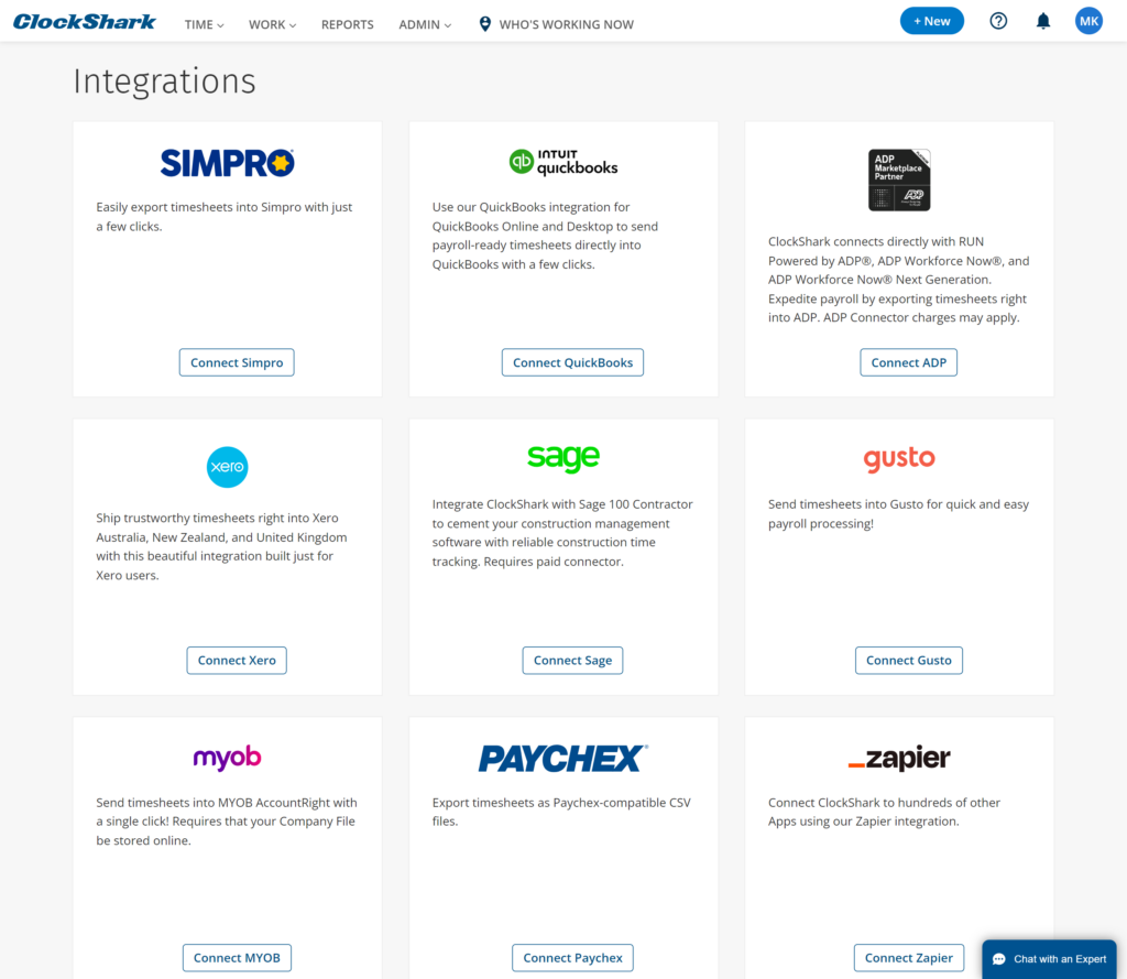 ClockShark&rsquo;s integrations focus on payroll and accounting tools, such as QuickBooks, ADP, Xero, Gusto, Paychex, and Simpro.