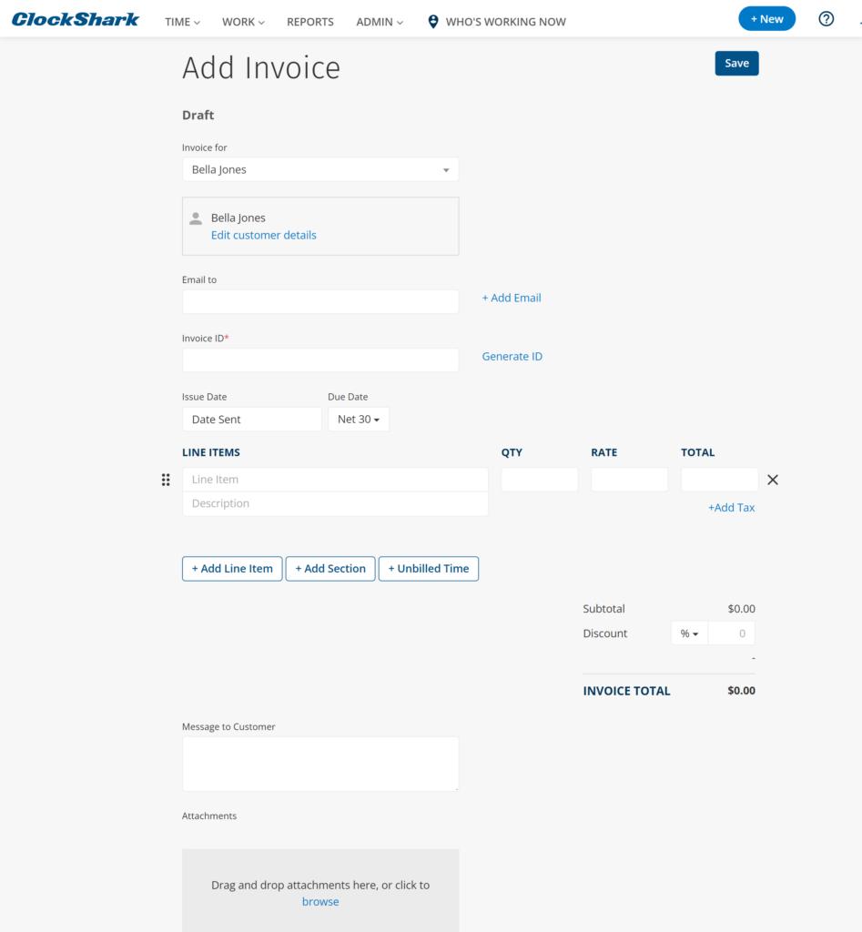  ClockShark &ldquo;Add Invoice&rdquo; page showing fields to select a customer, enter email and invoice ID, set issue and due dates, add line items with quantity and rate, and view subtotal and total before saving.