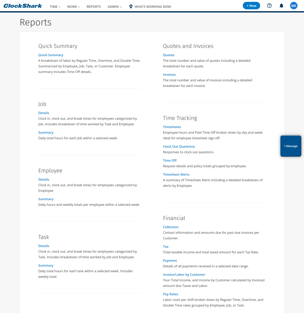 ClockShark Reports page showing sections like Quick Summary, Job, Employee, Time Tracking, and Financial with links to detailed reports and analytics.