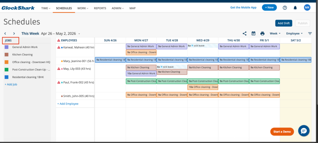ClockShark schedule view showing a weekly calendar with shifts assigned to specific jobs (color-coded) for each employee, alongside a job list panel, showing how scheduling is structured around jobs rather than open shift slots.
