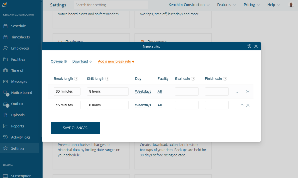 Screenshot showing the break settings page. 