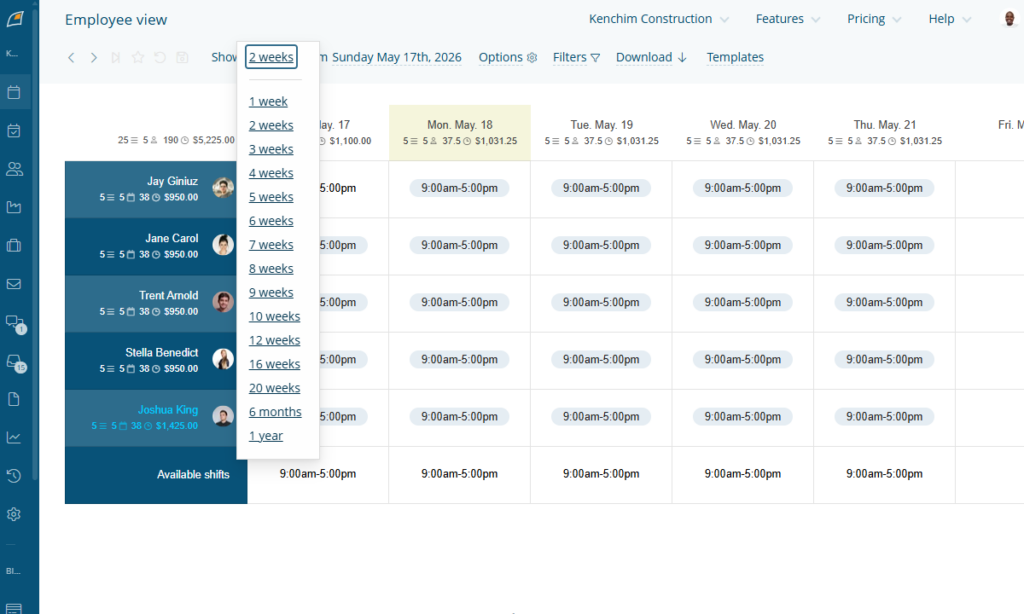 Screenshot showing FindMyShift weekly view options. 