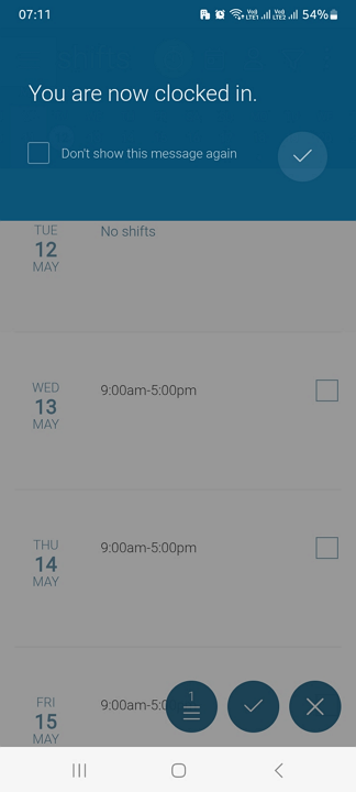 Screenshot showing clocked-in UI