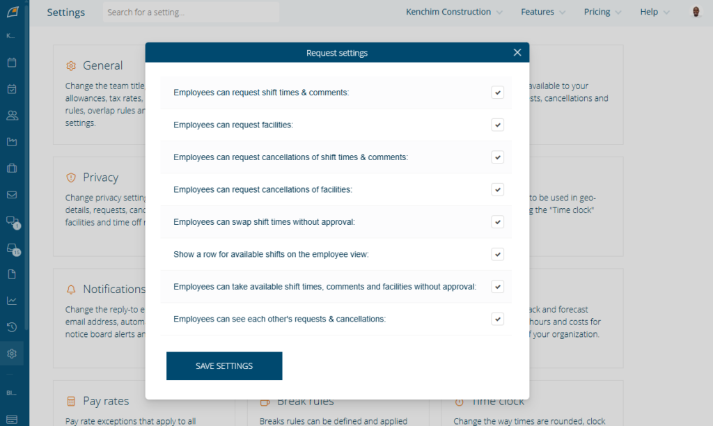Screenshot showing shift swap settings. 