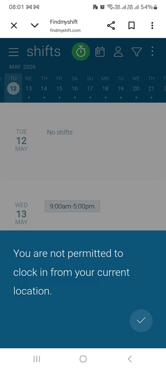 Screenshot showing FindMyShift geofence error. 