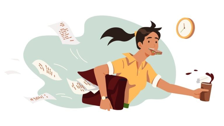 An illustration of a female employee arriving late to work