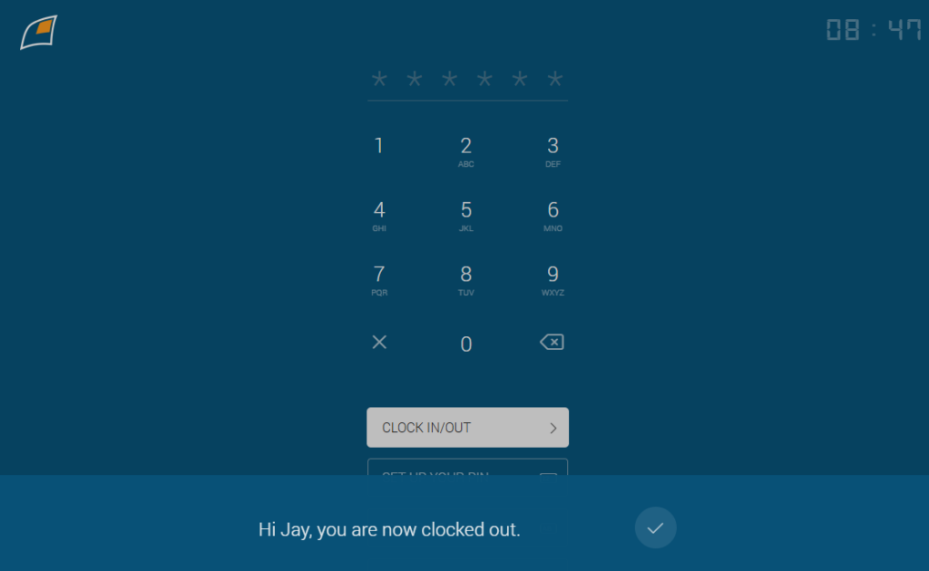 Screenshot showing kiosk&rsquo;s PIN clock-in interface. 