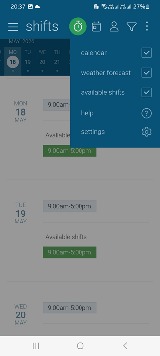 Screenshot showing FindMyShift mini-menu