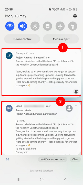  Screenshot showing noticeboard notifications. 