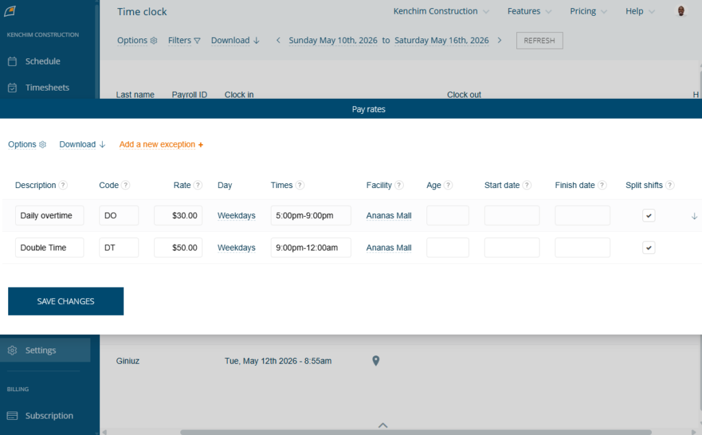 Screenshot showing FindMyShift&rsquo;s rate exceptions. 