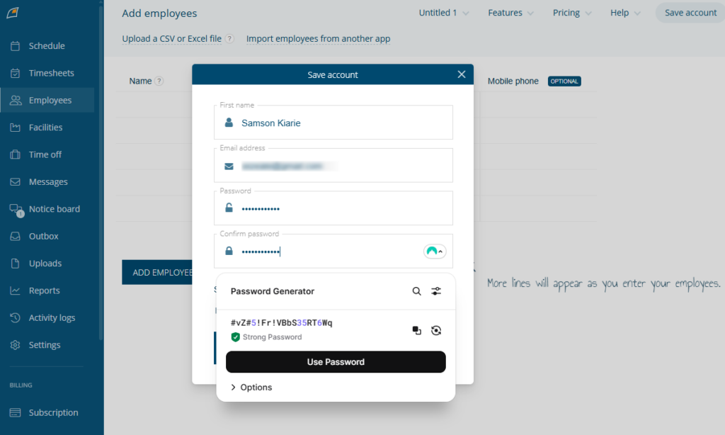 Screenshot showing save account option. 
