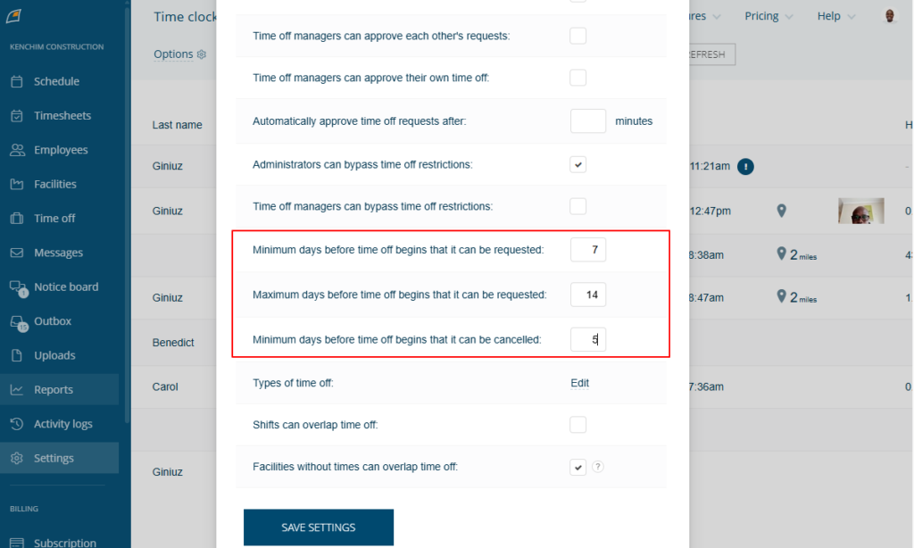 Screenshot showing PTO settings page.
