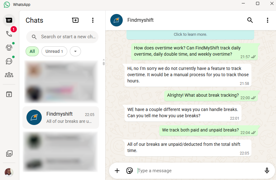 Screenshot showing FindMyShift&rsquo;s WhatsApp support channel. 