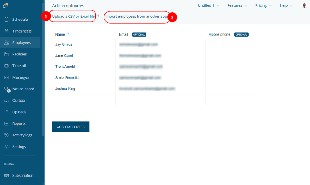  Screenshot showing options to add employees. 