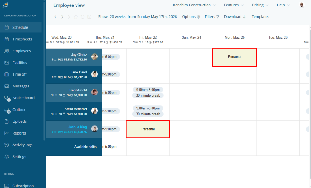 Screenshot showing approved time off requests. 