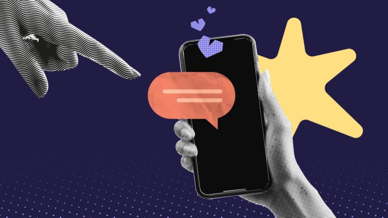 Hand holding a phone with a chat bubble, symbolizing mobile communication