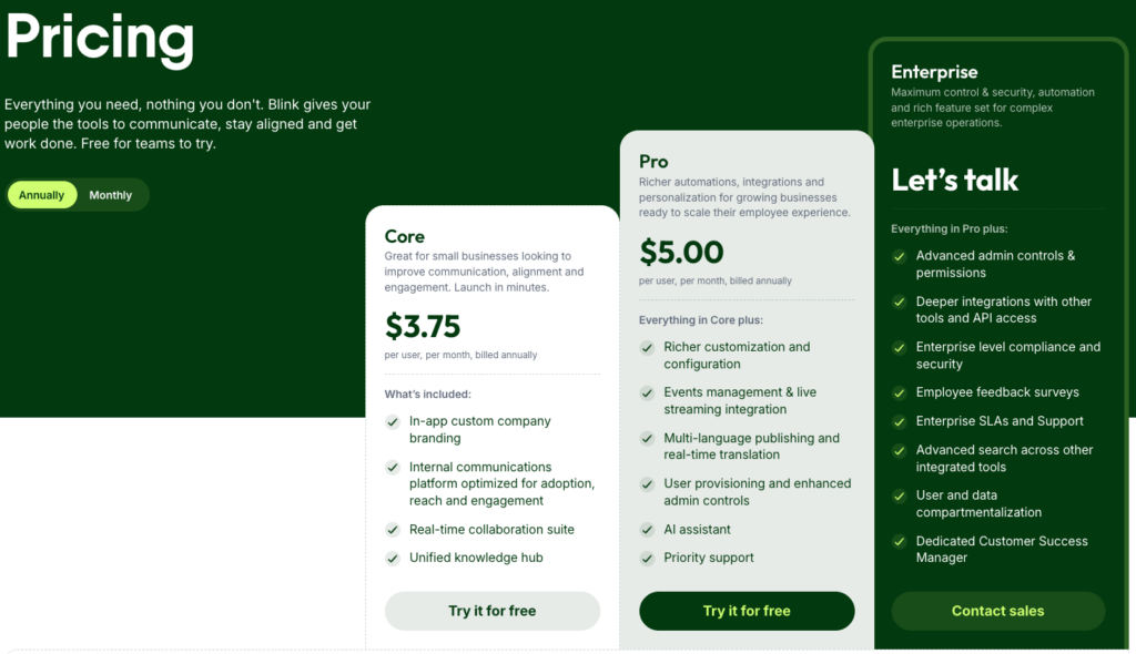A screenshot of Blink's pricing page