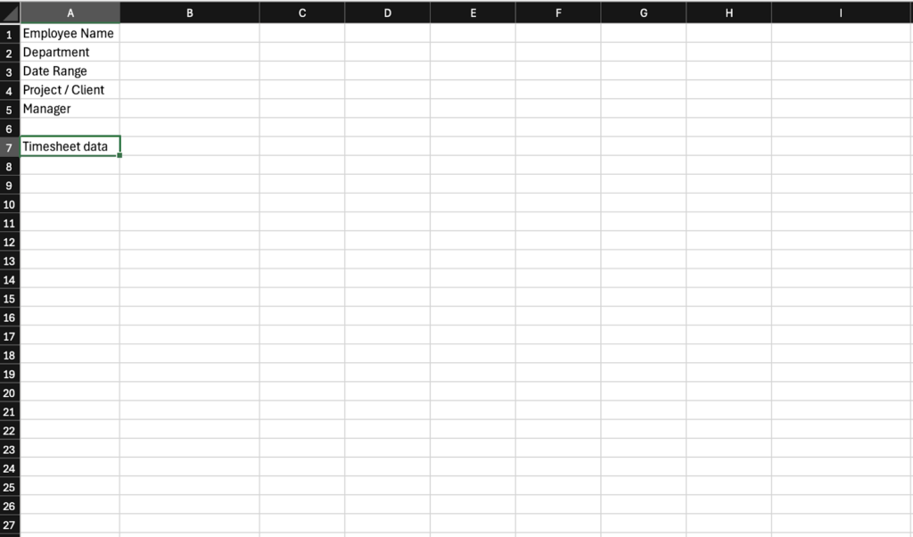 Screenshot of the timesheet with a blank row after employee and project details followed by a header for the timesheet table titled “Timesheet data.”