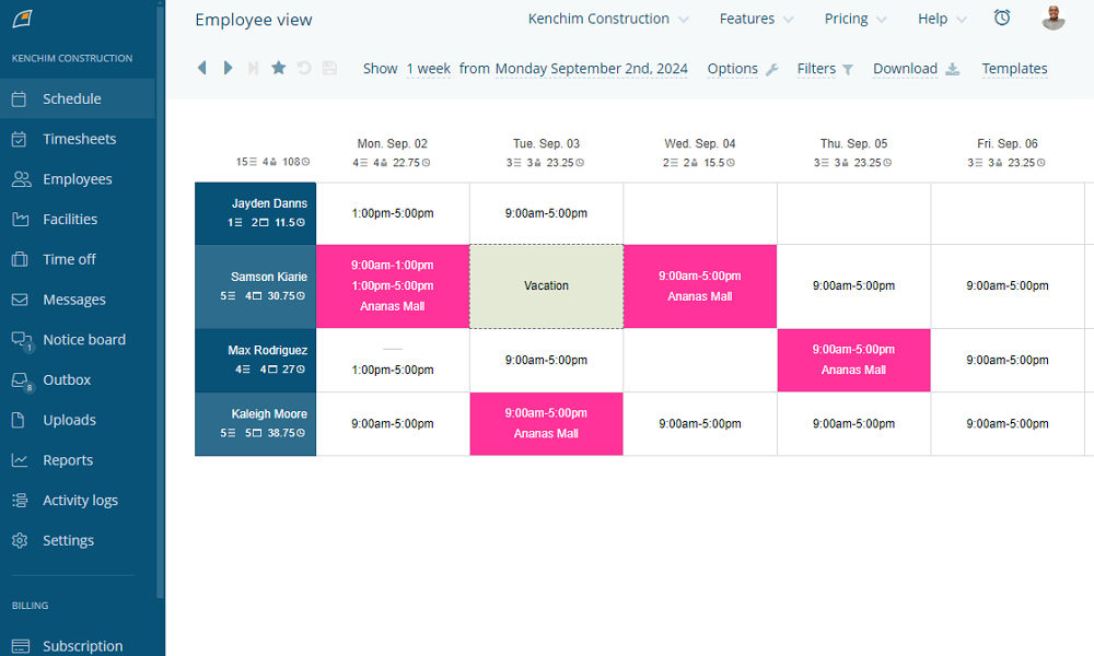 Screenshot showing time-off slots on team schedule