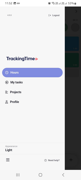 Screenshot showing TrackingTime mobile menu