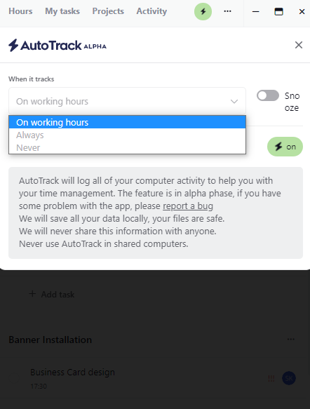 Screenshot showing AutoTrack settings