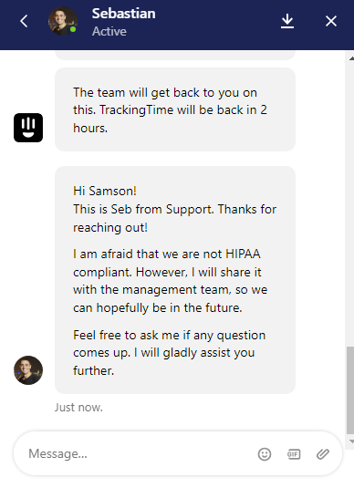 Screenshot of TrackingTime live chat