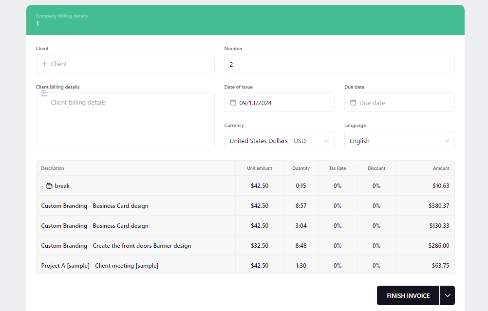 Screenshot showing sample TrackingTime invoice