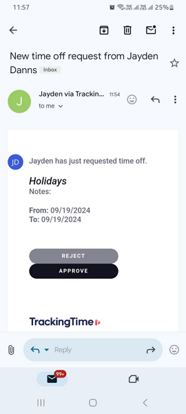 Screenshot showing time-off email notification