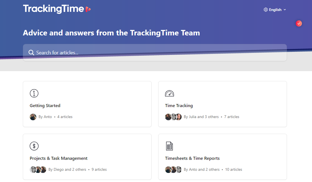 Screenshot of TrackingTime knowledgebase 